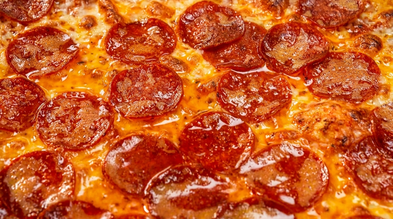 Close-up of a pepperoni pizza with melted cheese and glistening pepperoni slices.