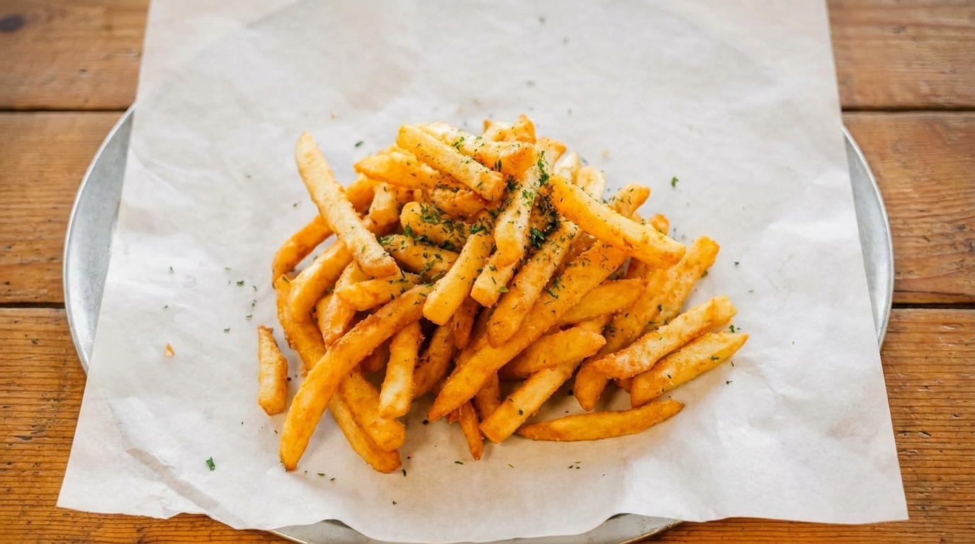 Golden french fries seasoned with herbs, served on white parchment paper on a metal tray.