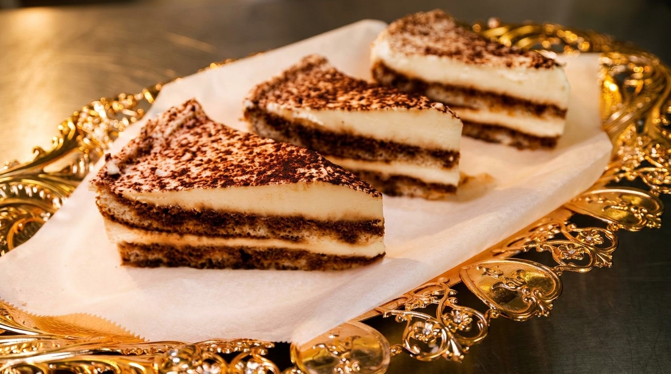Three slices of tiramisu with cocoa powder on top, served on a decorative gold tray.
