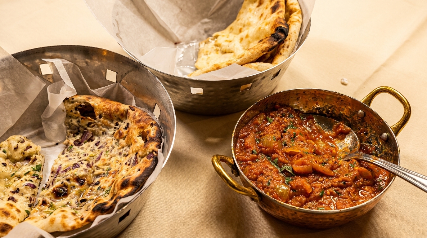 Indian food with two baskets of naan bread and a copper pot of curry on a tan tablecloth.
