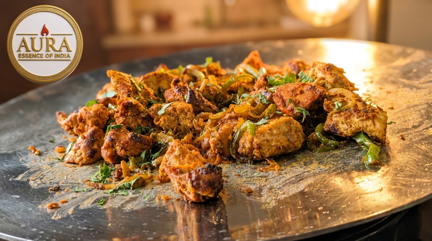 Indian chicken tikka with peppers and onions on a large metal platter from Aura Essence of India.