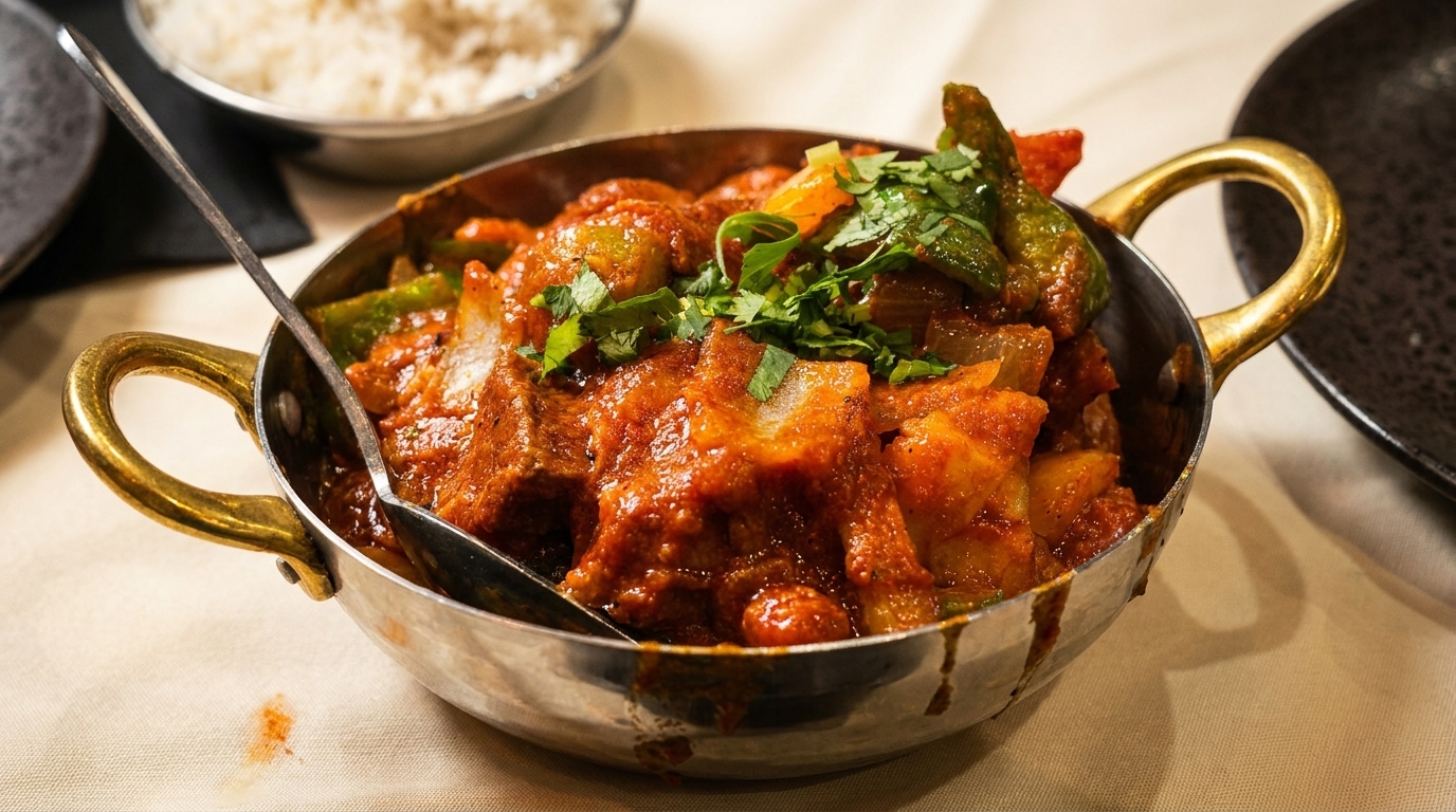 Close-up of a metal bowl filled with a rich, red curry, garnished with fresh cilantro.