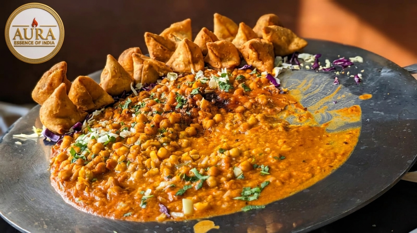 A large platter of chole samosa chaat, with chickpeas in gravy and crispy samosas.