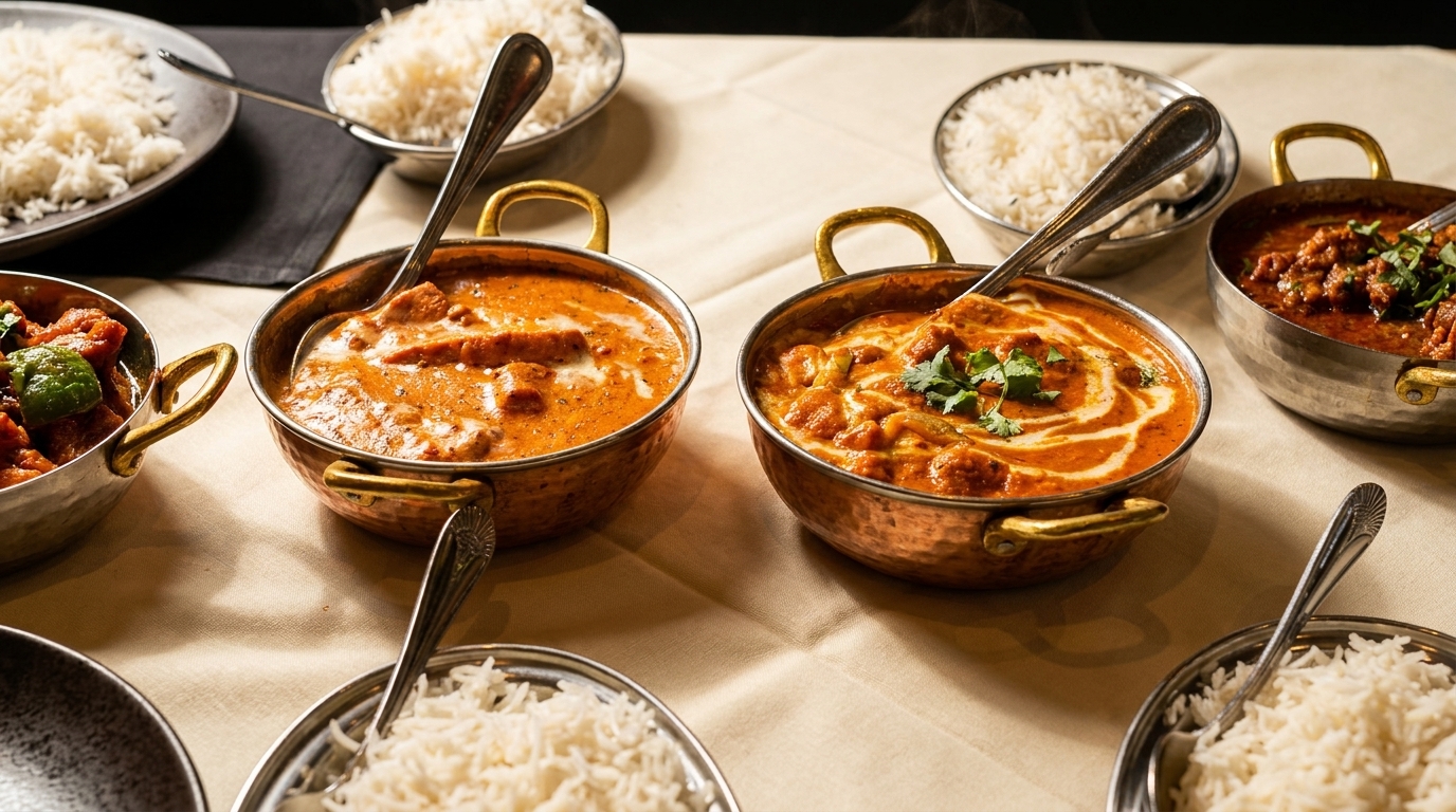 Table laden with various Indian curries in copper bowls and white rice in silver bowls.