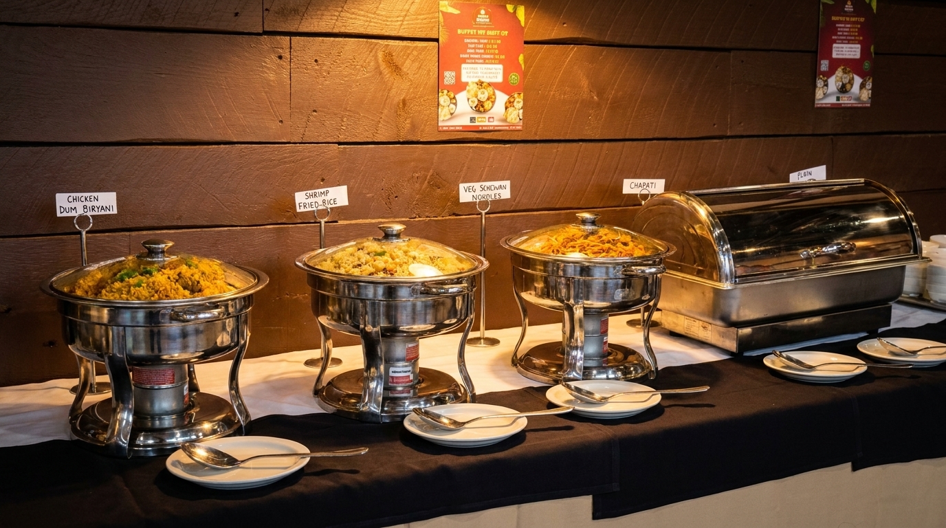 A buffet table with chafing dishes of Chicken Dum Biryani, Shrimp Fried Rice, and Veg Schezwan Noodles.