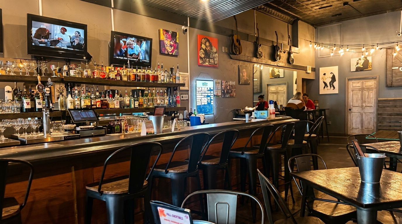 A lively bar area with bottles on shelves, bar stools, TVs, and patrons seated at tables.