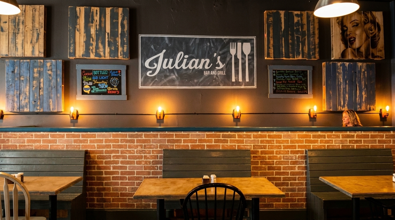 Interior of Julian's Bar and Grill with brick walls, wooden tables, and a sign.