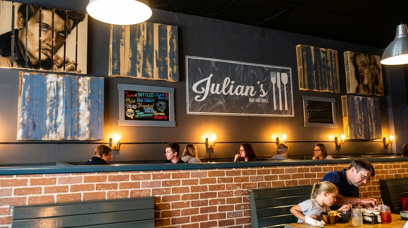 Diners seated in booths at Julian's Bar and Grill, with a large sign and artwork on the wall.