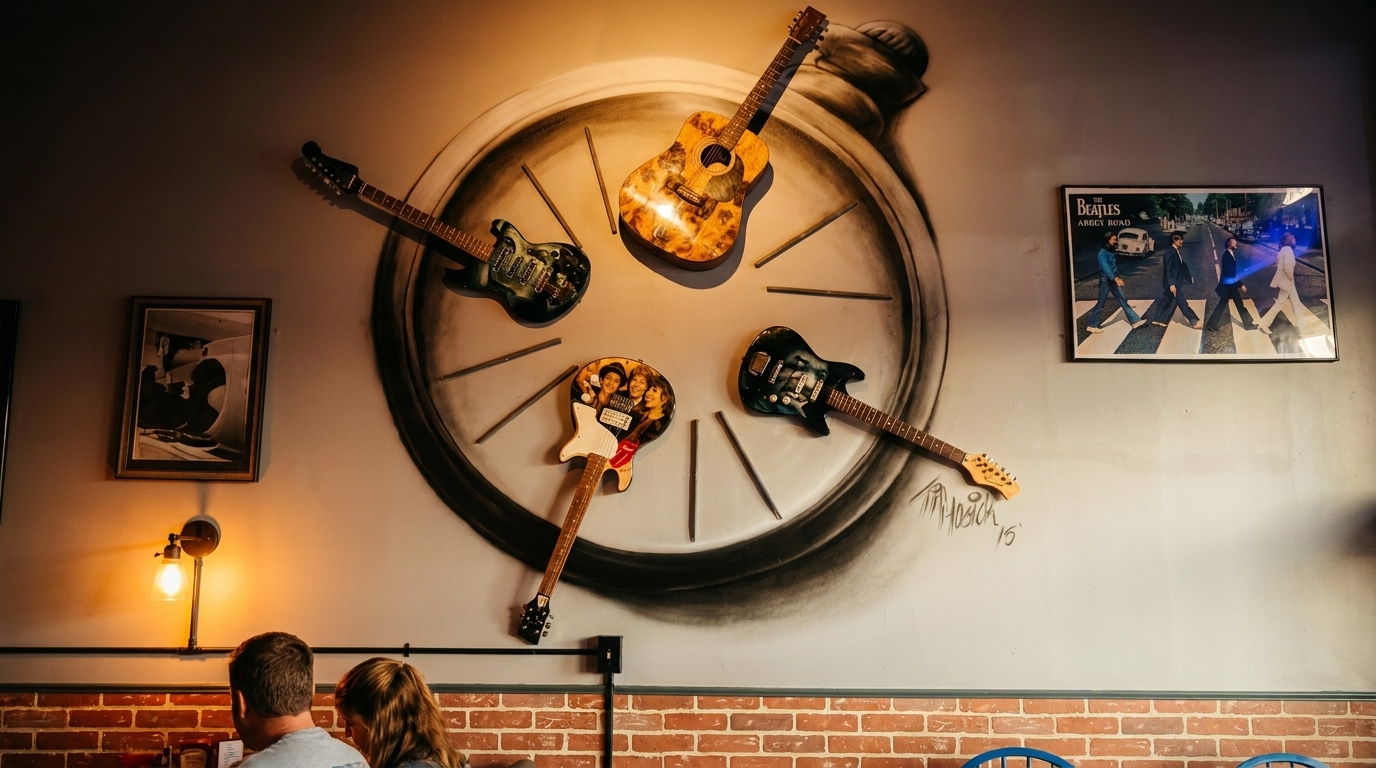 Guitars and music posters adorn a restaurant wall above patrons, creating a rock-and-roll ambiance.