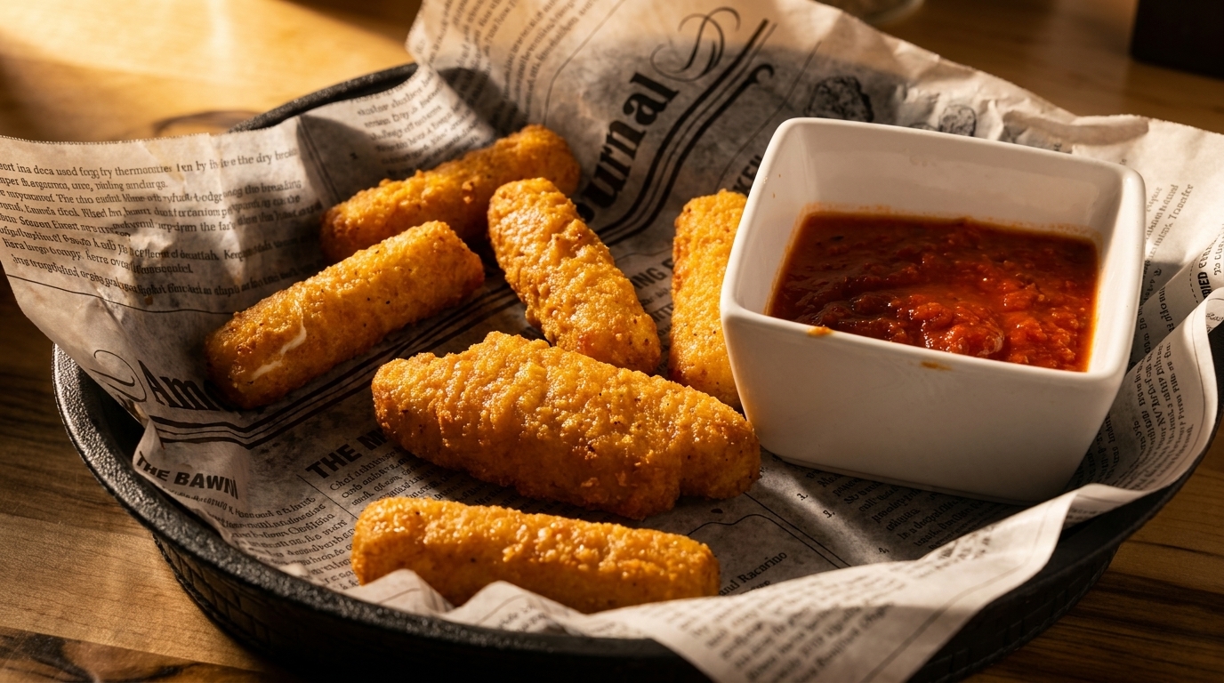 Golden-brown mozzarella sticks and a white bowl of marinara sauce in a basket lined with newspaper.