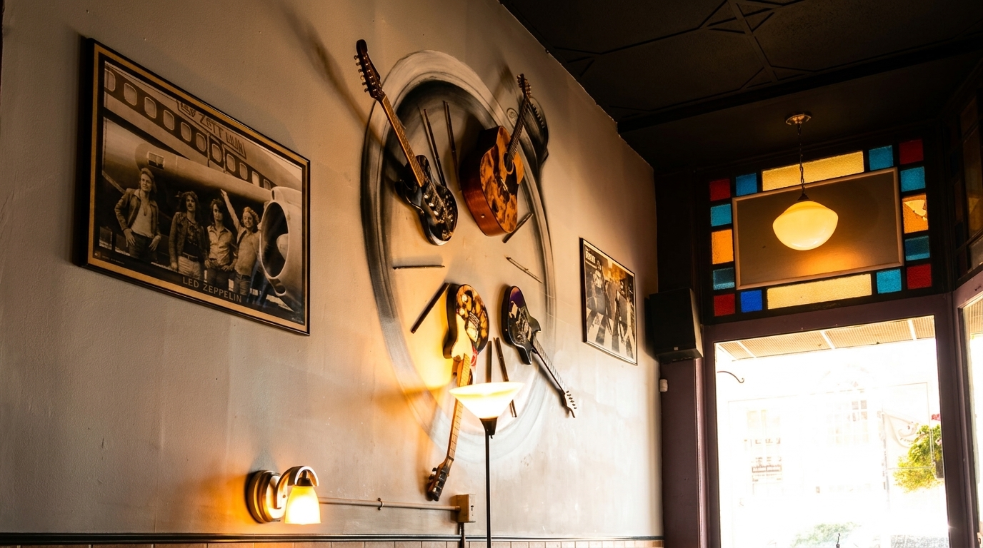 Wall decor with Led Zeppelin poster, guitars, and a stained glass window with a hanging lamp.
