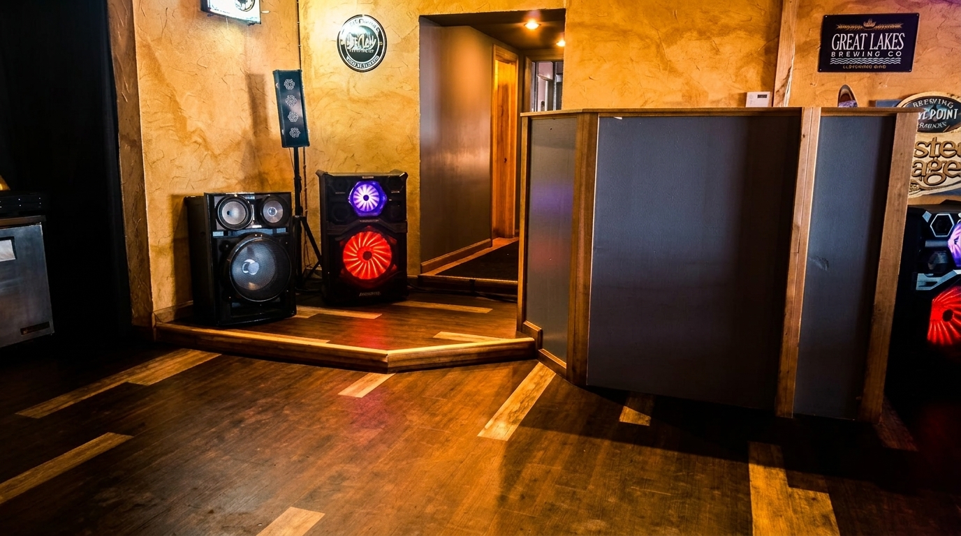A dimly lit restaurant interior with speakers, a DJ booth, and wooden floors.