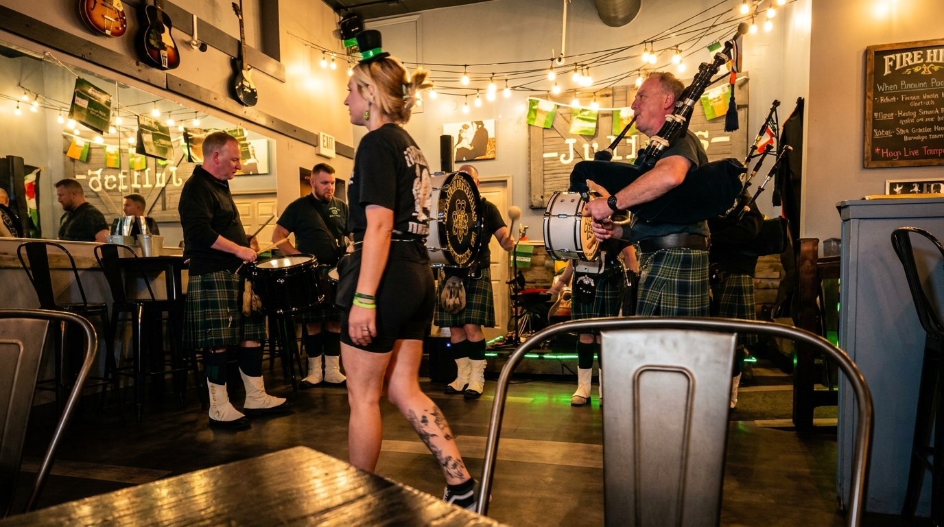 Men in kilts playing bagpipes and drums in a lively pub with string lights and a woman walking by.