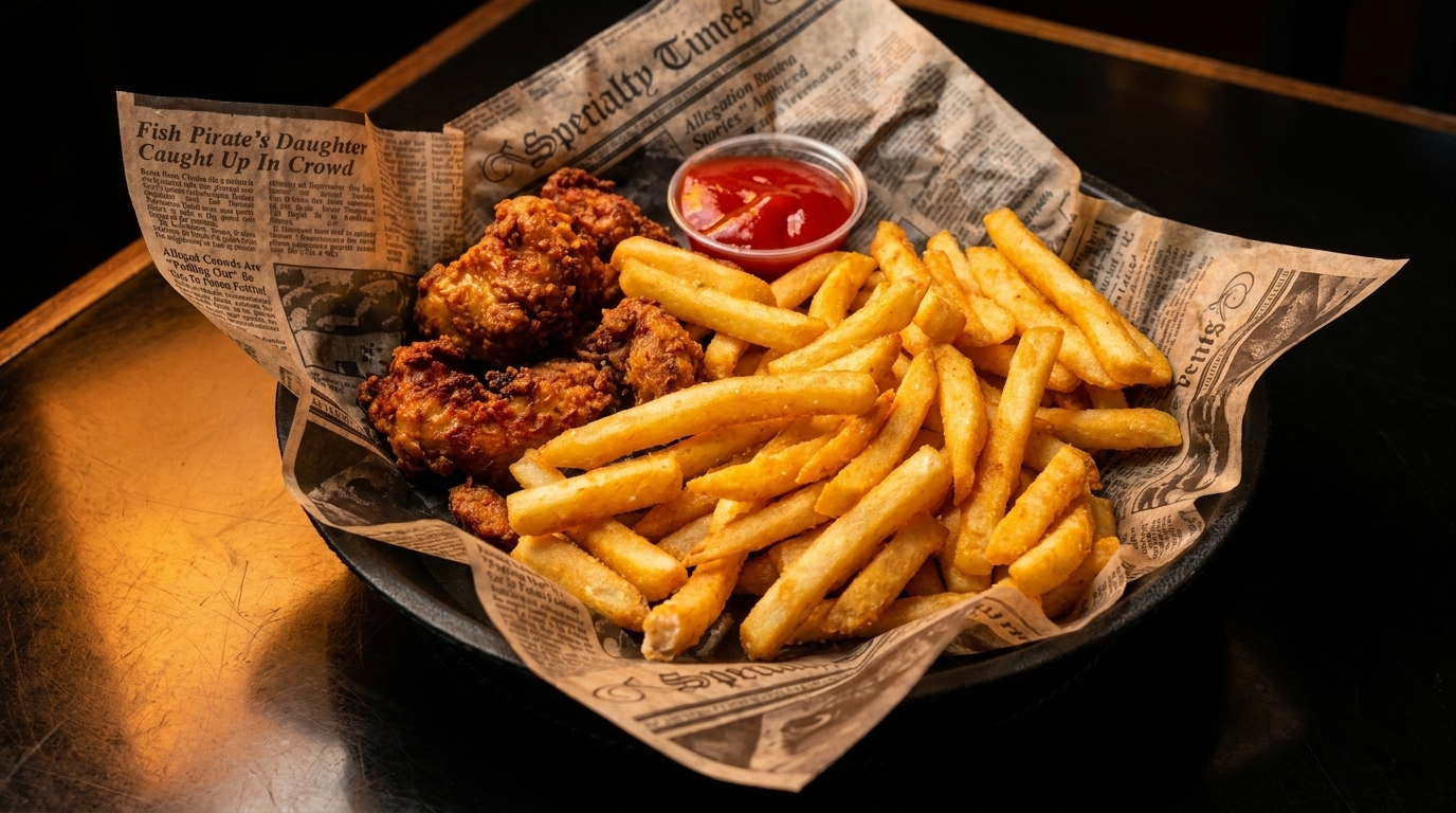 Crispy fried chicken pieces and golden french fries served in a basket lined with newspaper, with a side of ketchup.