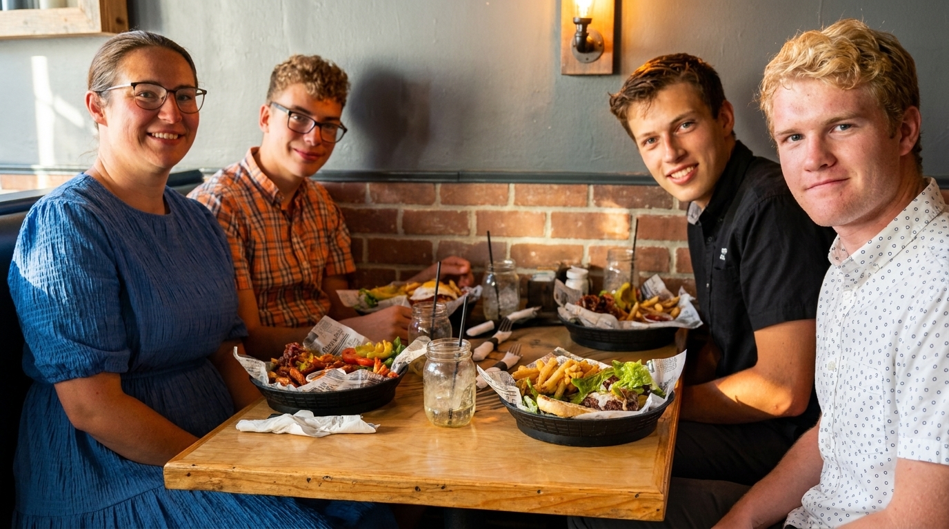 Four smiling people enjoying burgers and fries at a rustic restaurant table.