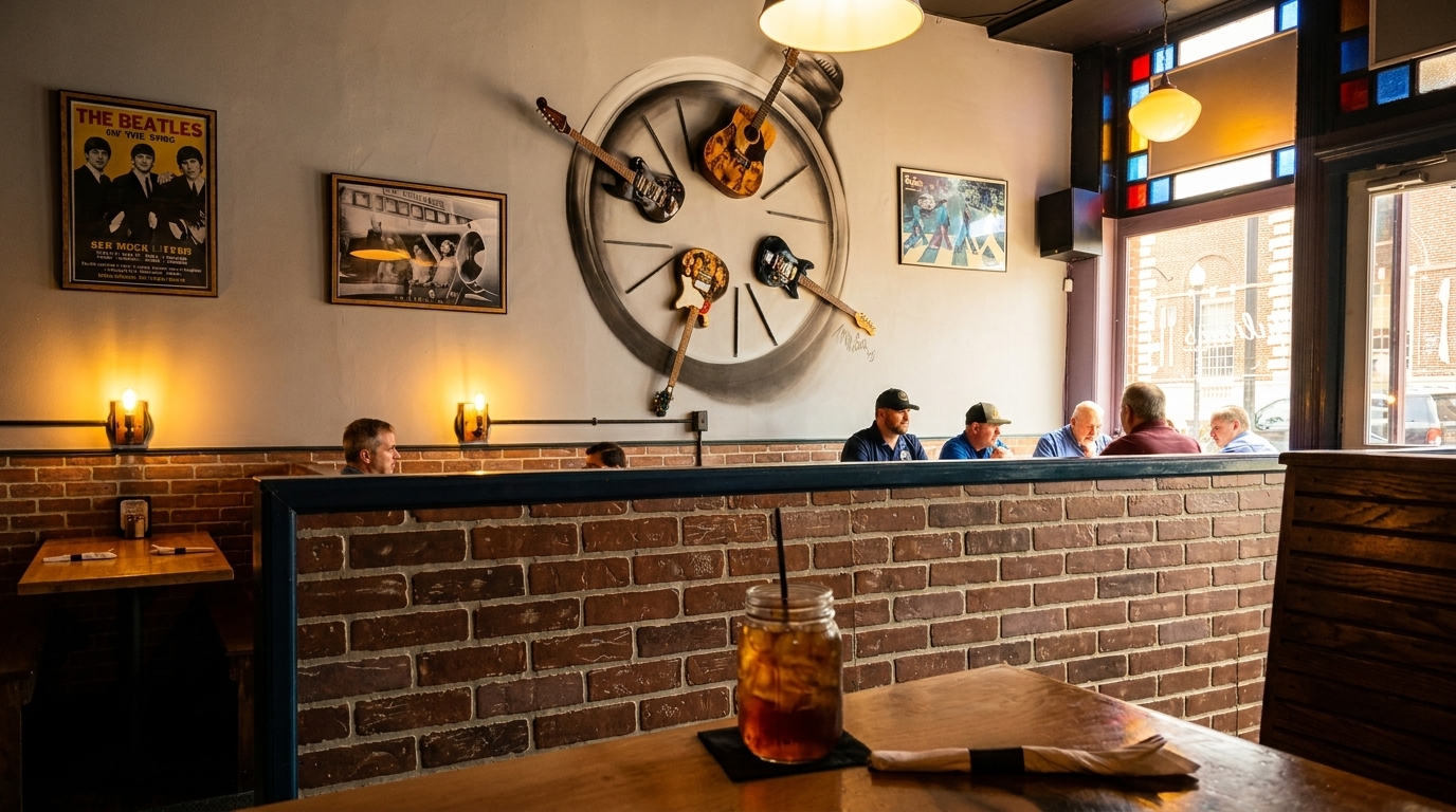 Restaurant interior with brick walls, patrons, and guitars arranged like a clock on the wall.