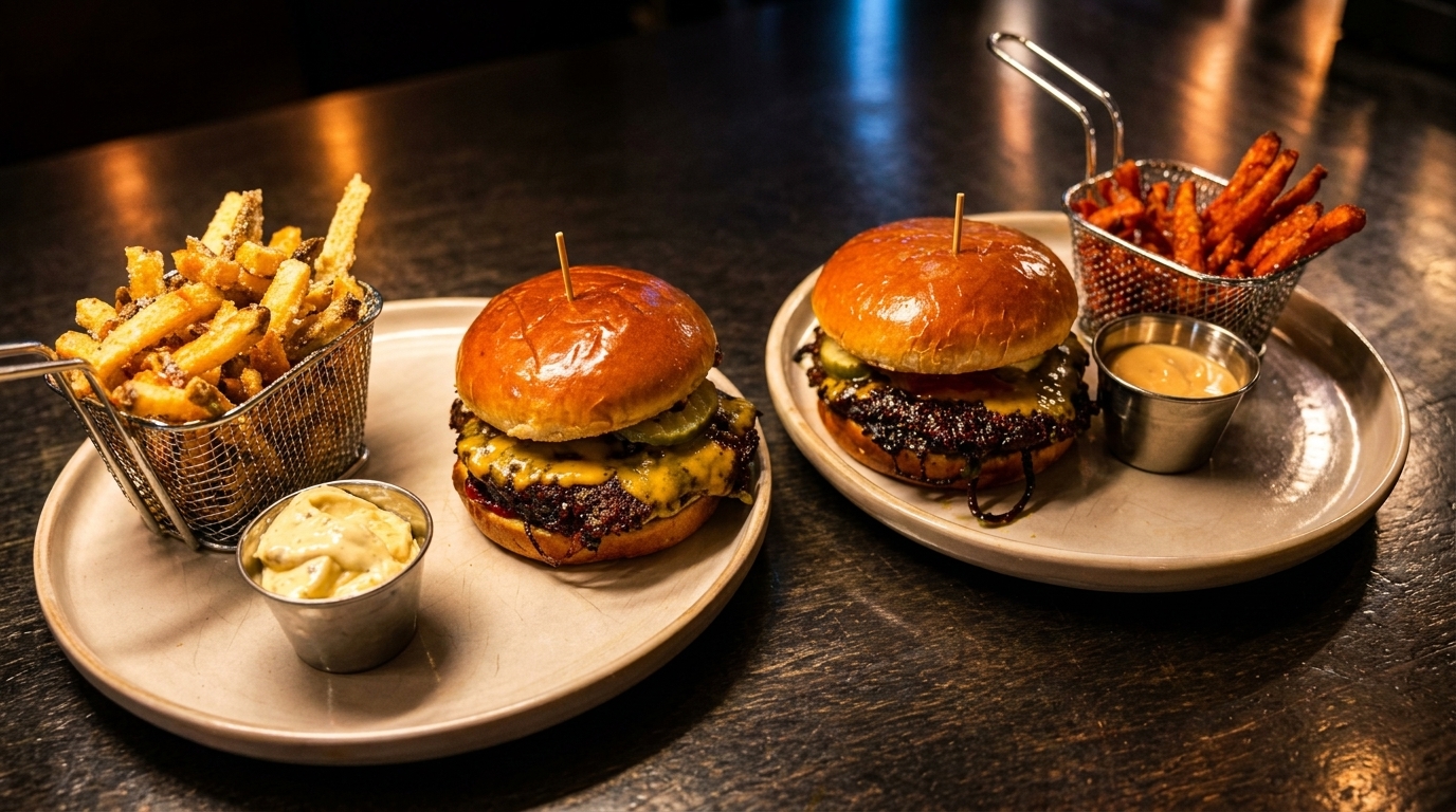 Two cheeseburgers with fries and dipping sauces on plates, on a dark wooden table.