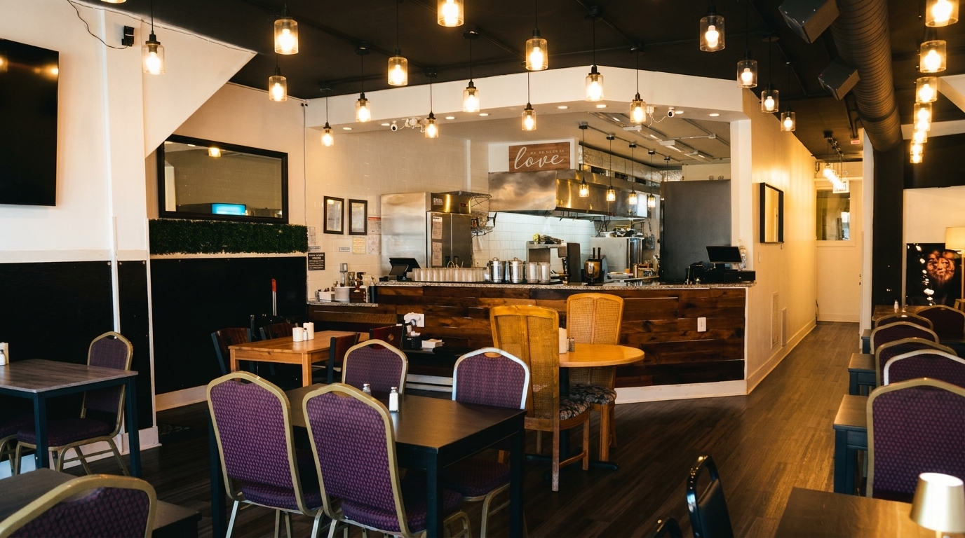 Interior of a restaurant with dining tables, purple chairs, and an open kitchen with stainless steel equipment.