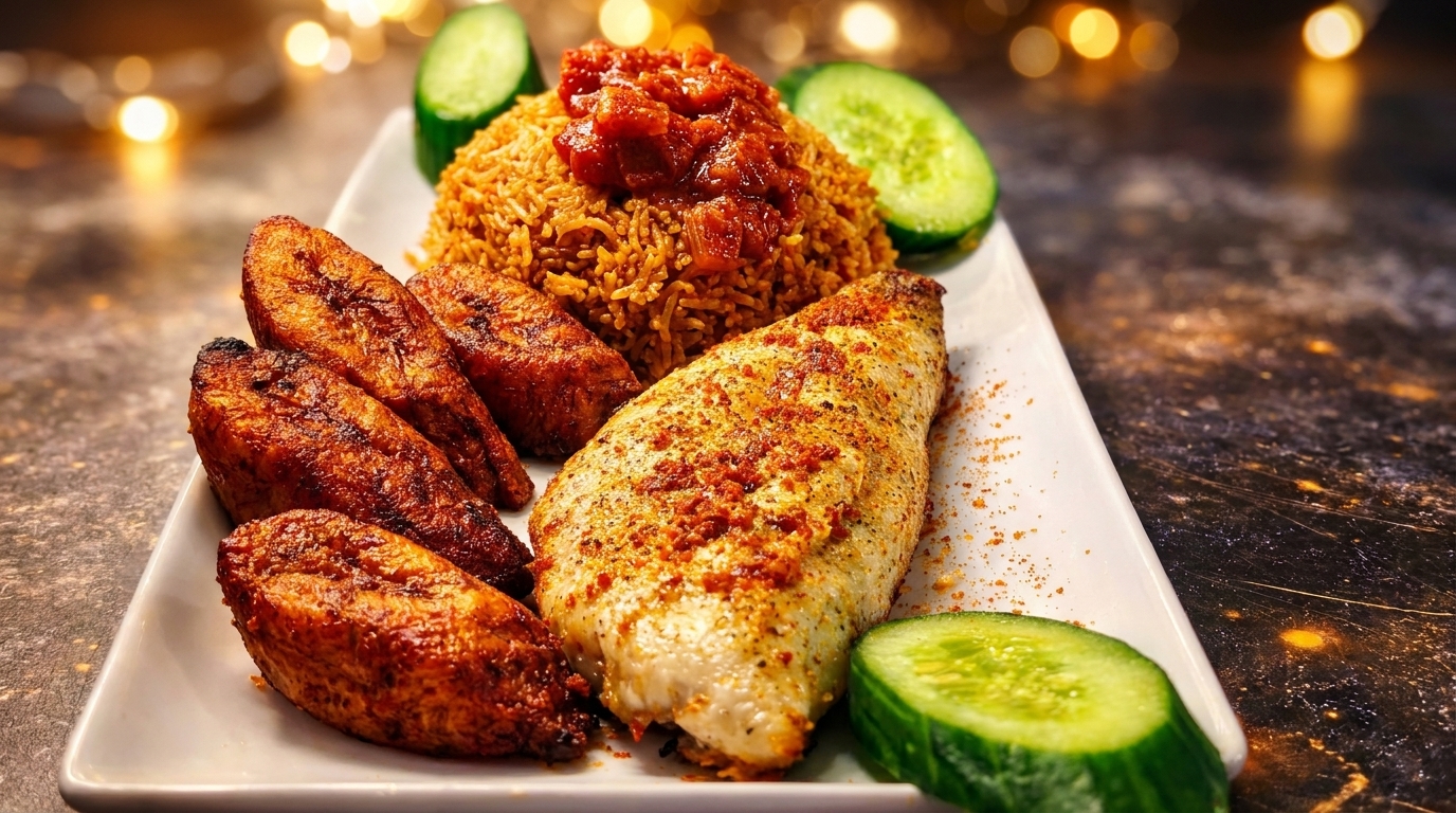 A plate of jollof rice with tomato sauce, grilled fish, fried plantains, and cucumber slices.