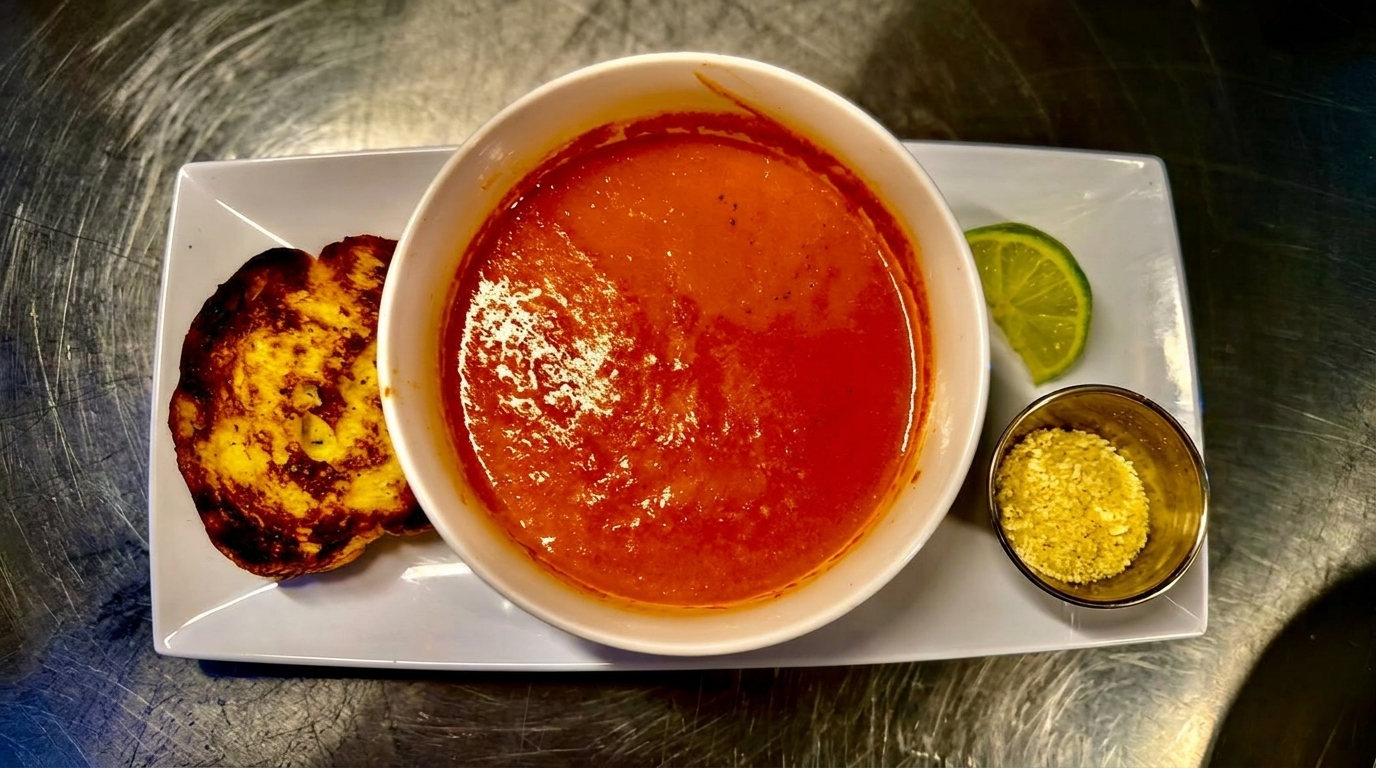A bowl of tomato soup with a side of grilled cheese, lime, and parmesan cheese.