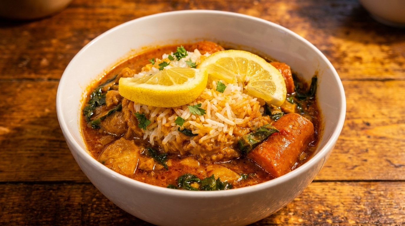 A white bowl of gumbo with rice, sausage, and lemon slices on a wooden table.