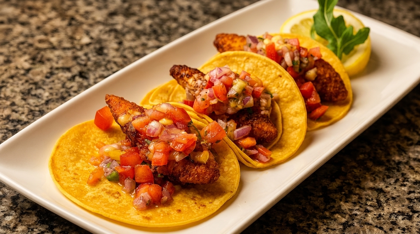 Three fish tacos with pico de gallo on corn tortillas, served on a white rectangular plate.
