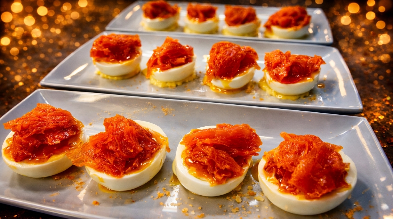 Rows of deviled eggs topped with shredded orange candied fruit on gray plates.