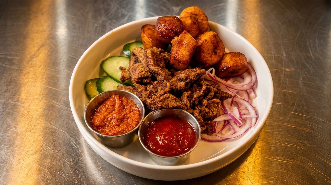 A white bowl filled with fried plantains, crispy meat, red onions, cucumber slices, and two dipping sauces.