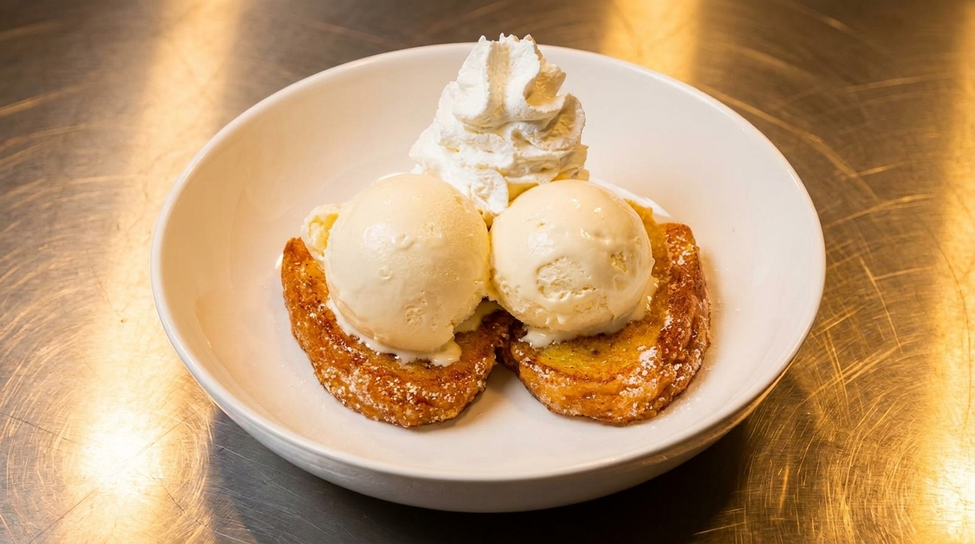 Two scoops of vanilla ice cream and whipped cream on two pieces of French toast.