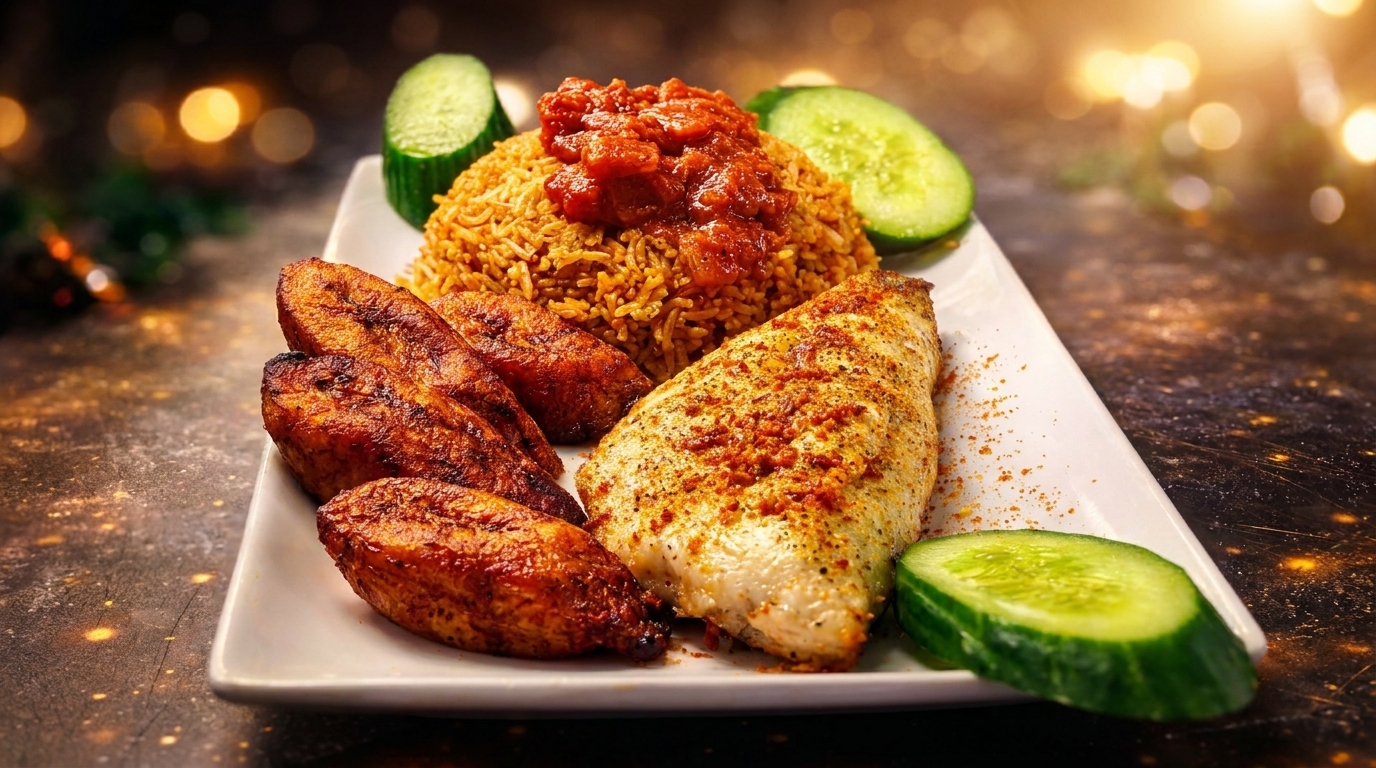 Jollof rice with tomato sauce, fried plantains, seasoned fish, and cucumber slices on a white plate.