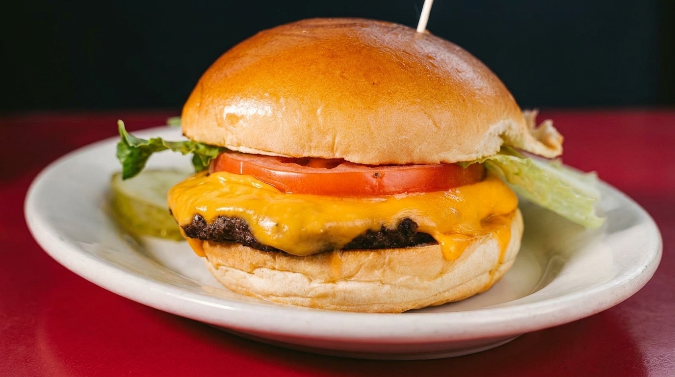 Cheeseburger with melted cheese, tomato, and lettuce on a white plate with a pickle spear.