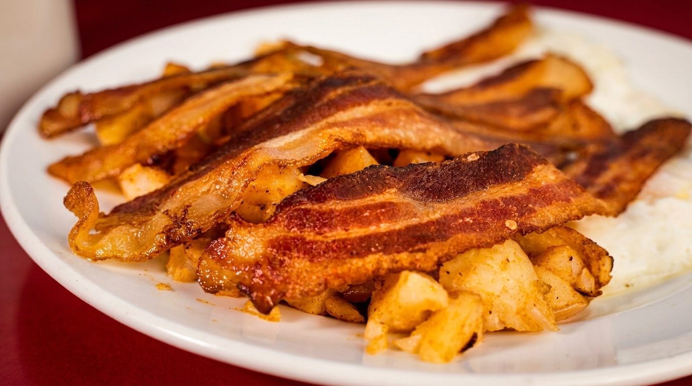 Crispy bacon strips, home fries, and fried eggs on a white plate.