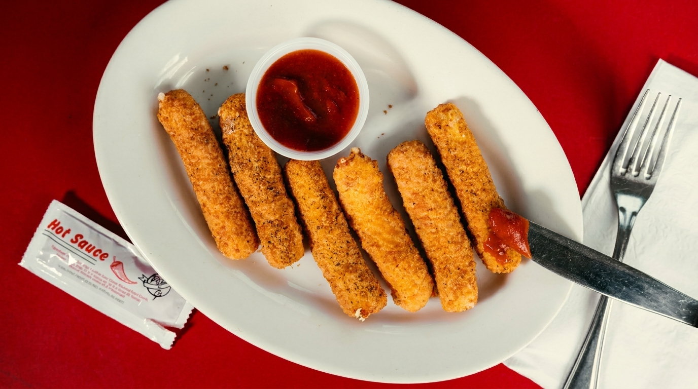 Golden-brown mozzarella sticks with a side of marinara sauce and a hot sauce packet on a white plate.