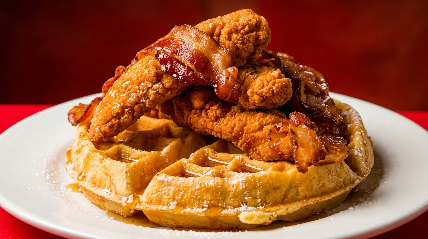 Crispy fried chicken tenders and bacon strips piled on a waffle with powdered sugar and syrup.