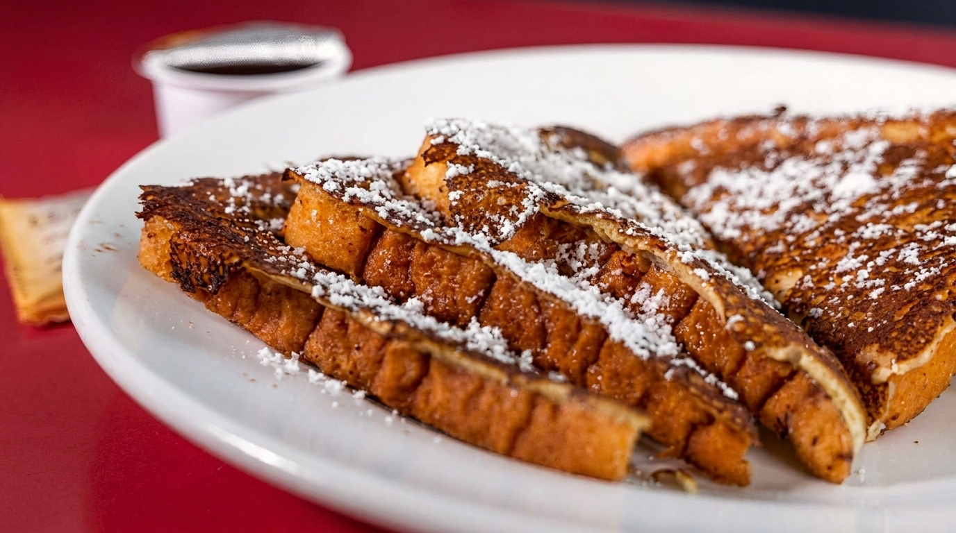 Golden-brown French toast slices, dusted with powdered sugar, on a white plate with syrup.