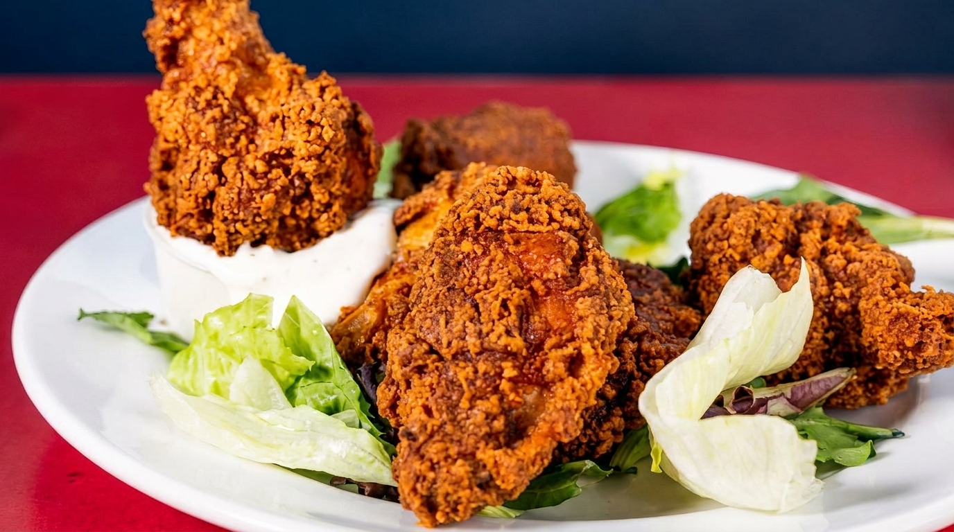 Crispy fried chicken pieces with a side of ranch dressing and fresh lettuce on a white plate.