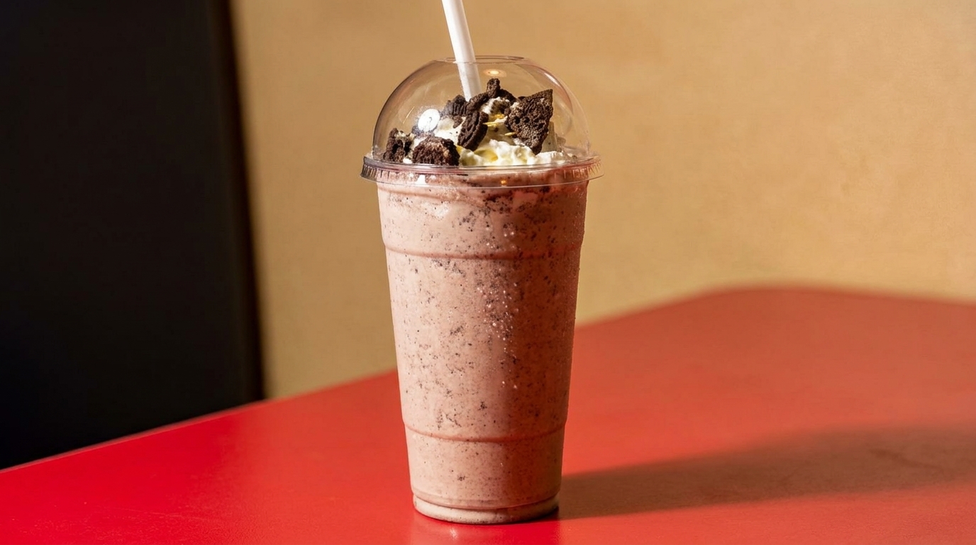 Oreo milkshake in a clear plastic cup with whipped cream and cookie crumbles on a red table.