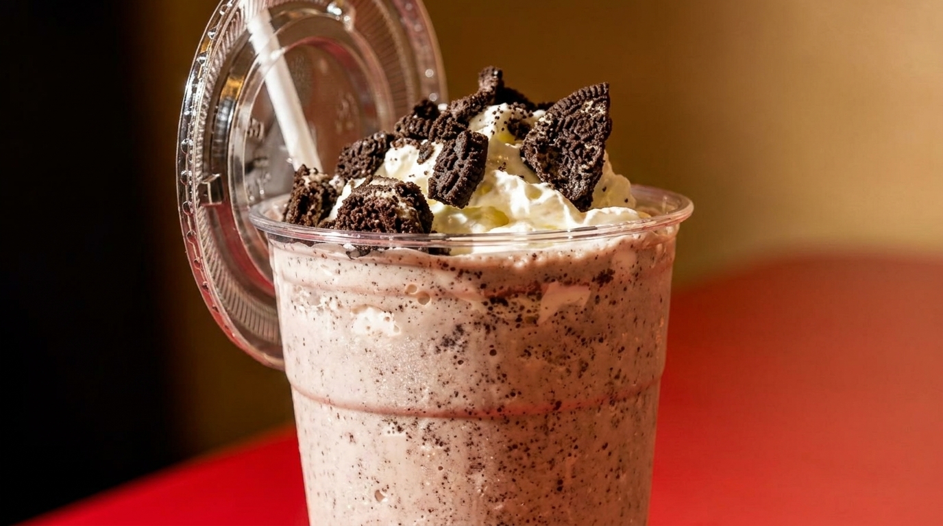 Oreo milkshake in a clear plastic cup, topped with whipped cream and cookie pieces.
