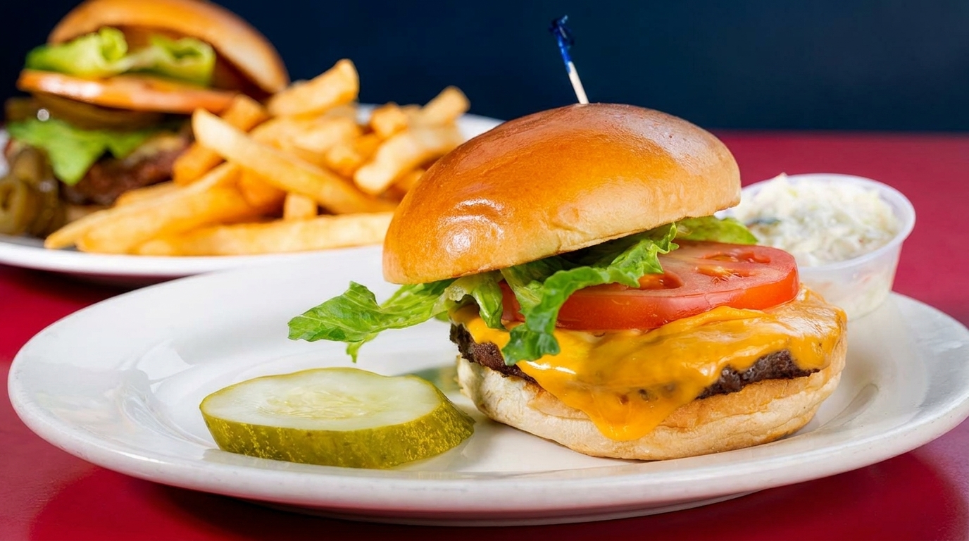 Cheeseburger with lettuce, tomato, and a pickle spear, with fries and another burger in the background.