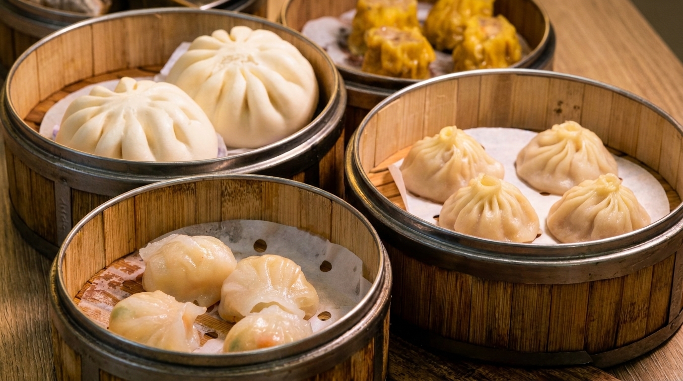Assortment of steamed dumplings and buns in bamboo baskets on a wooden table.