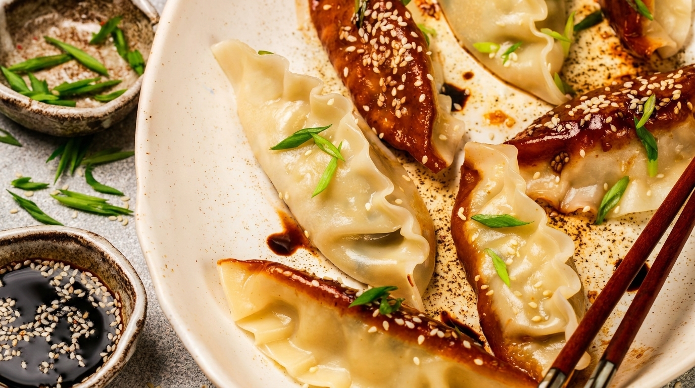 Pan-fried and steamed dumplings with soy sauce, sesame seeds, and green onions on a white plate.