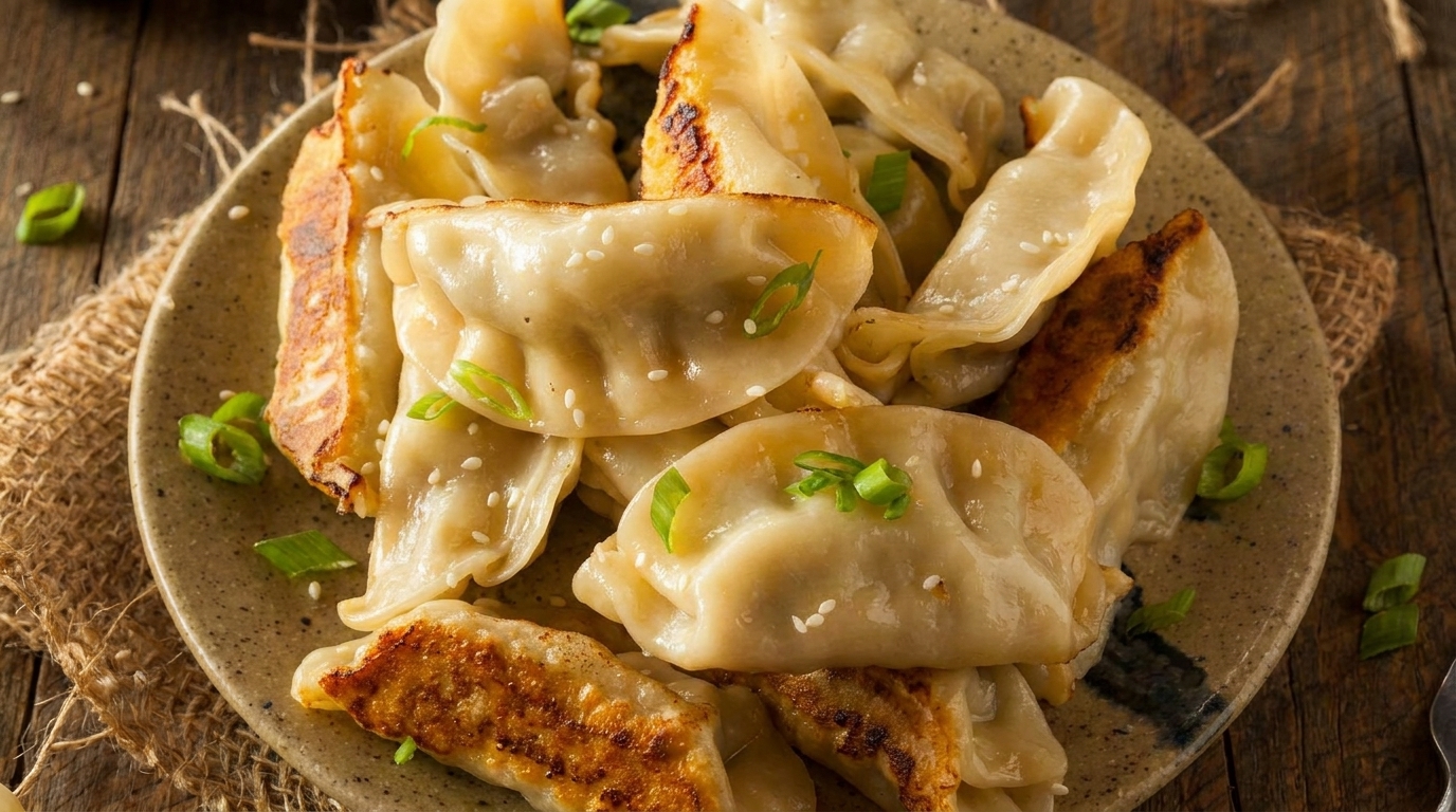 A plate of golden-brown pan-fried dumplings, garnished with sesame seeds and chopped green onions.