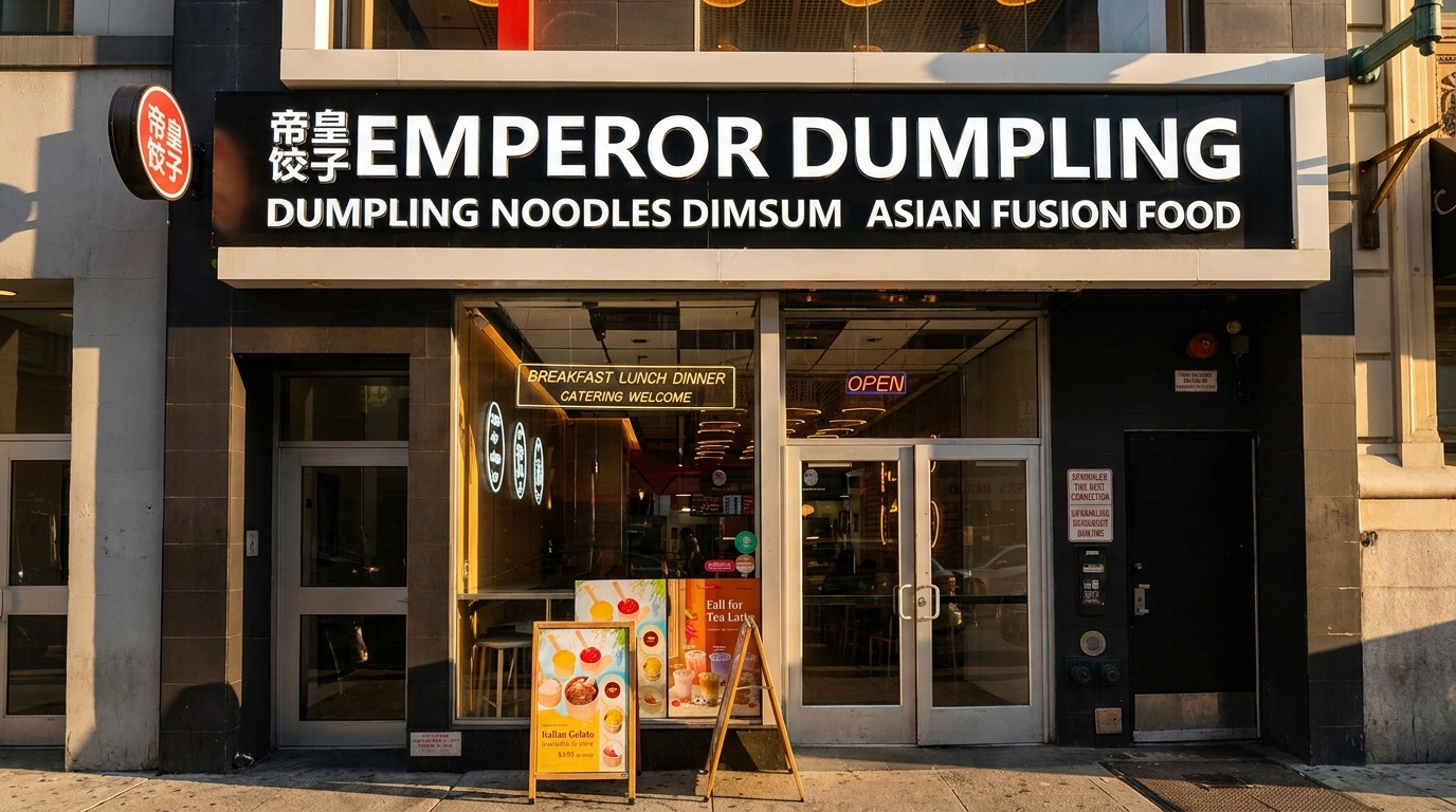 Emperor Dumpling restaurant exterior with a black sign, glass doors, and menu boards on the sidewalk.