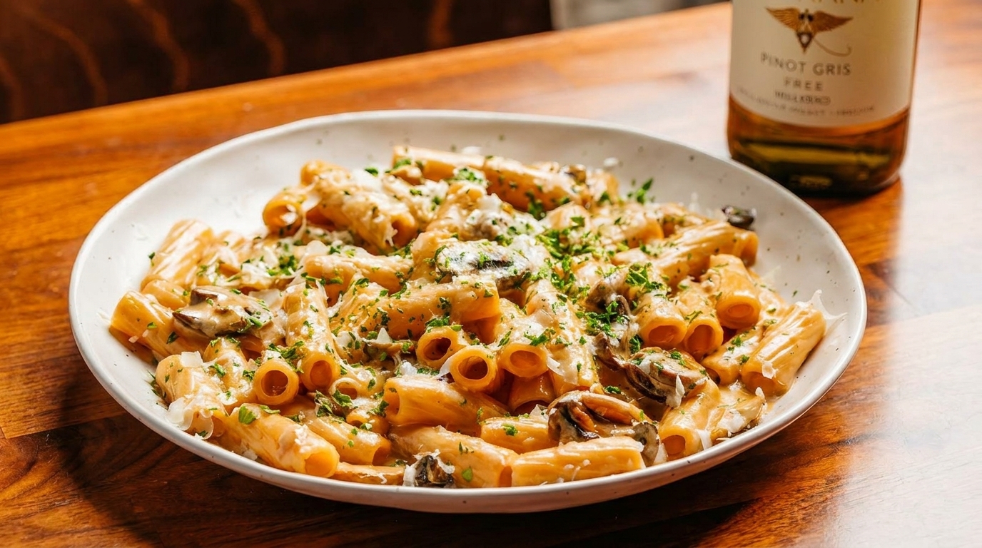 Rigatoni pasta with mussels, creamy sauce, parmesan, and parsley, next to a bottle of Pinot Gris.