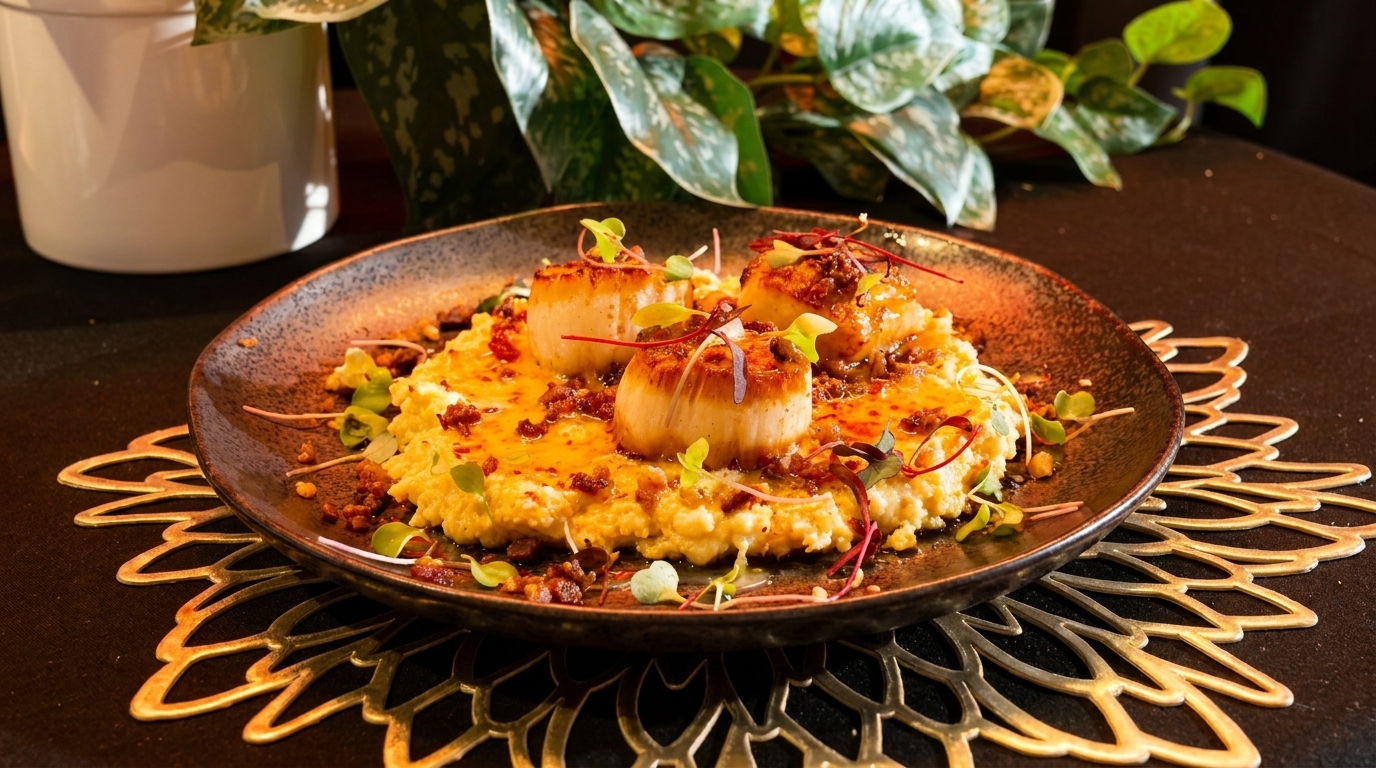 Seared scallops on a bed of creamy grits with bacon bits and microgreens, on a dark plate.
