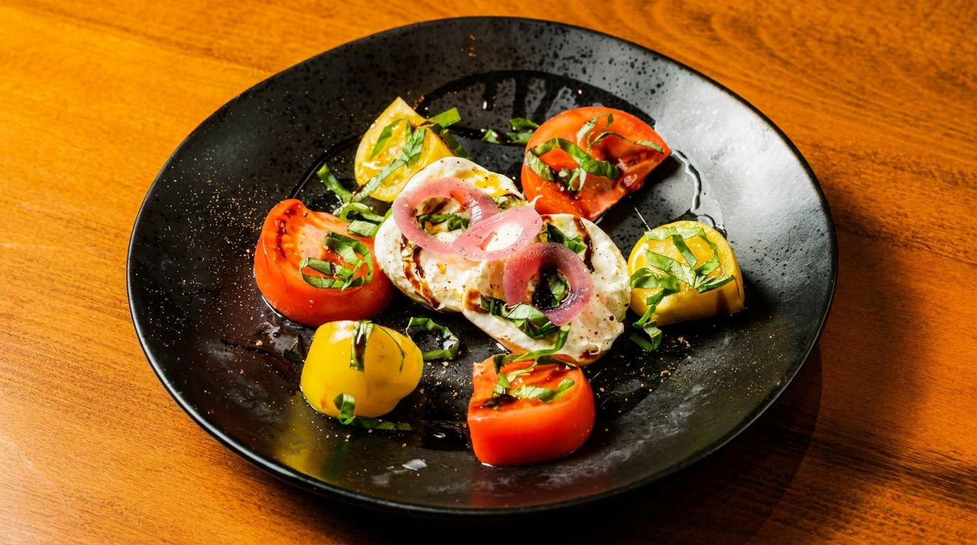 Caprese salad with red and yellow tomatoes, mozzarella, basil, red onion, and balsamic glaze.