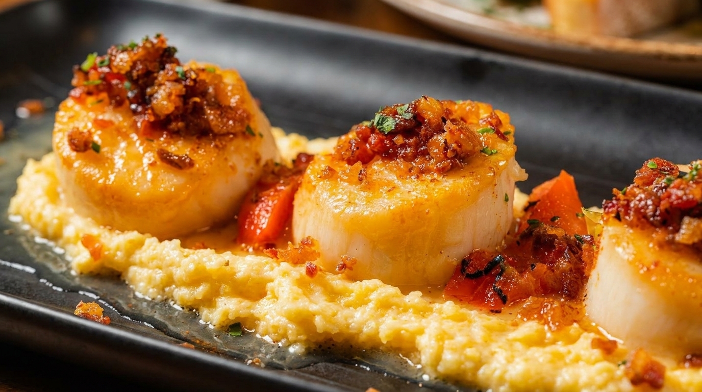 Seared scallops with crispy bacon bits on a bed of creamy polenta and diced tomatoes.