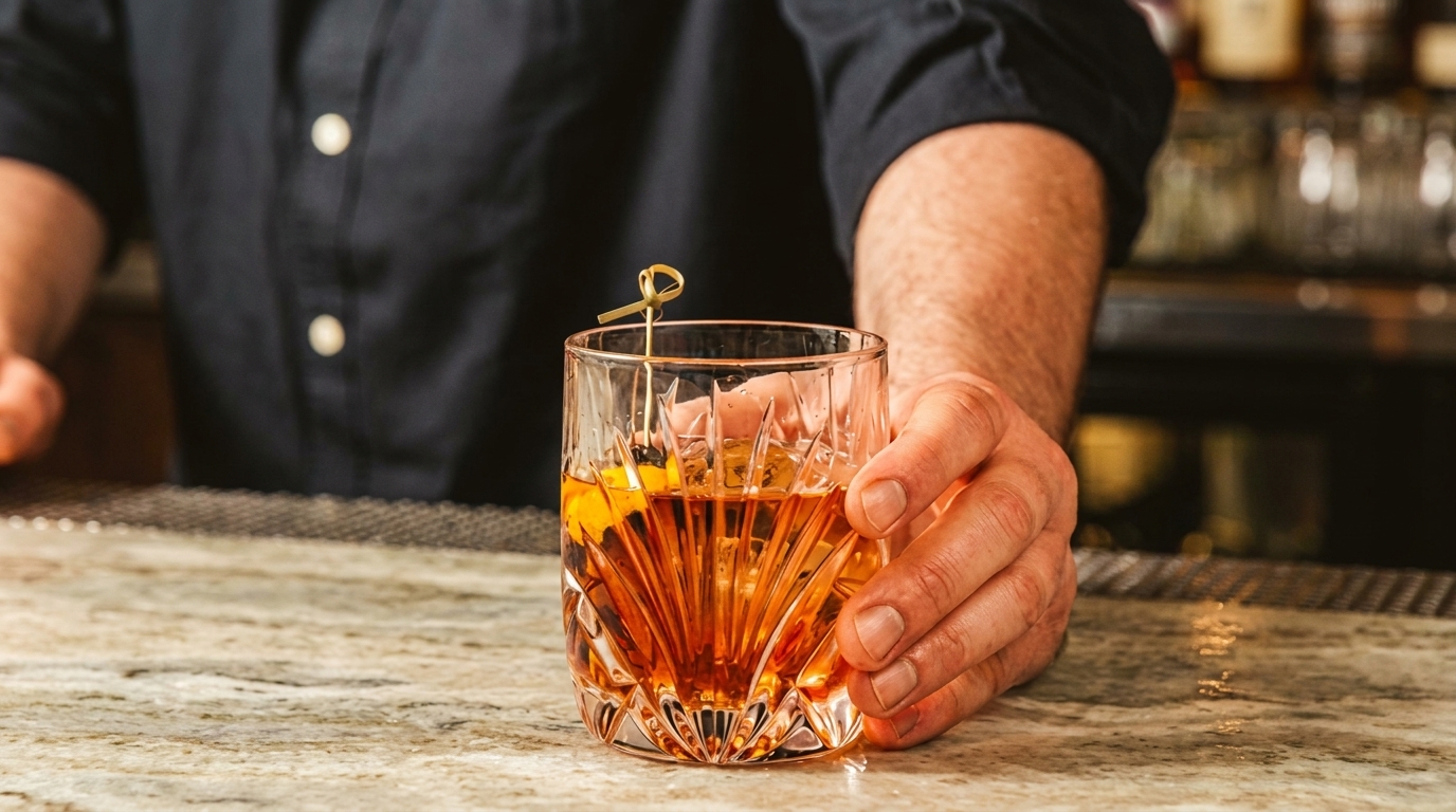 Bartender's hand holding a crystal glass with an amber cocktail and orange peel garnish.