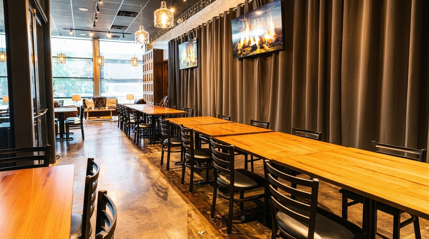 Long wooden tables and black chairs in a modern restaurant dining room with large windows.