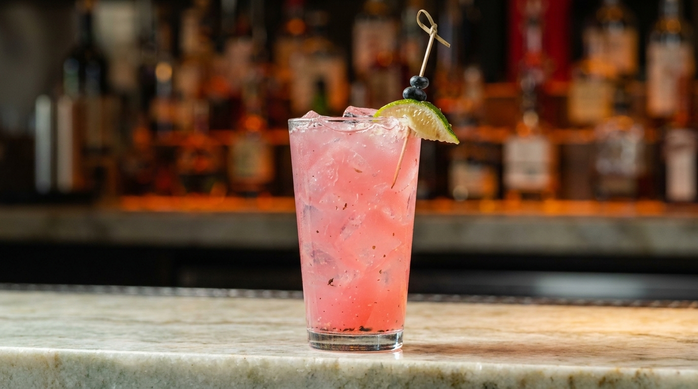 Pink cocktail with ice, garnished with a lime wedge and blueberries, on a marble bar.